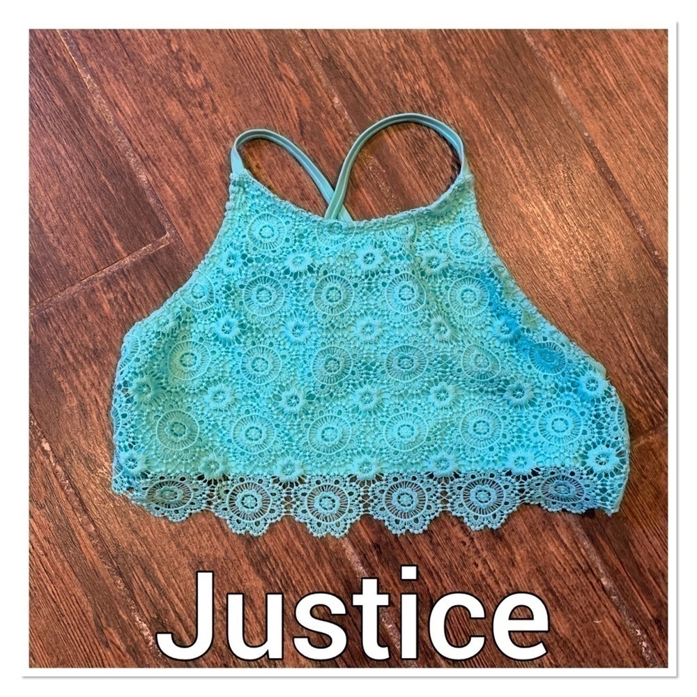 JUSTICE Teal Crochet Bikini Top size 16
